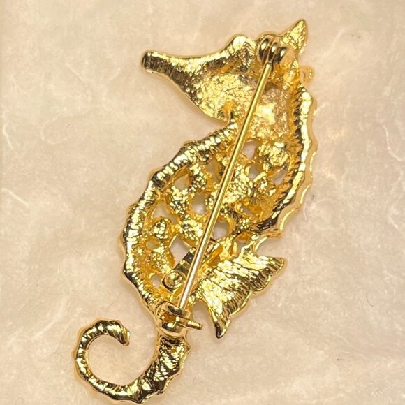 Lia Sophia Rhinestone covered seahorse gold tone brooch blue green stones EUC - Picture 4 of 7